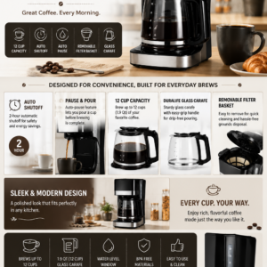 Amazon Basics 12 Cup drip coffee maker with glass carafe, automatic shut-off, removable filter basket, and modern black stainless steel design.