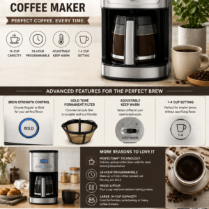 Cuisinart 14 Cup programmable coffee maker with stainless steel finish, glass carafe, brew strength control, and digital display.