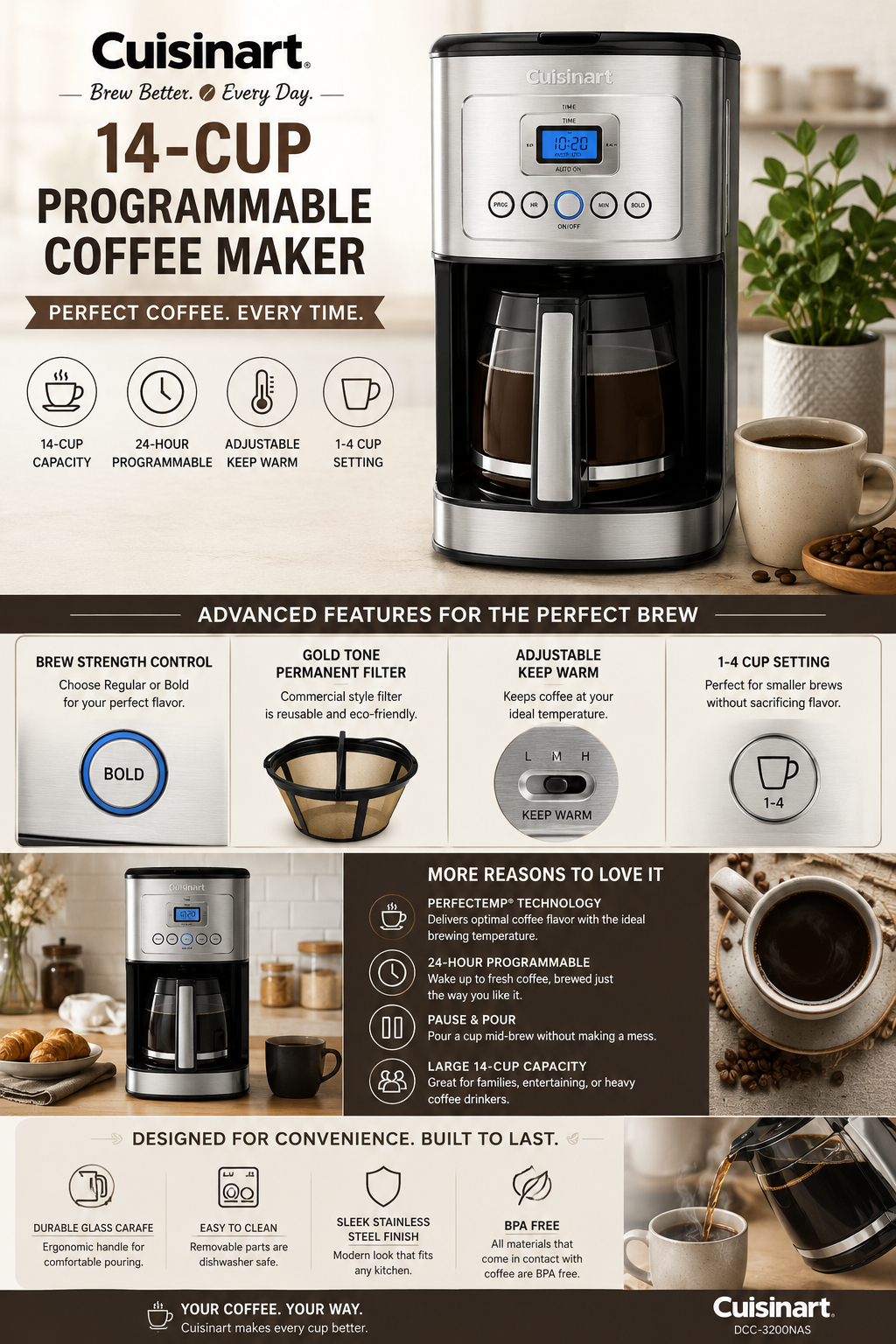 Cuisinart 14 Cup Programmable Coffee Maker Cuisinart 14 Cup programmable coffee maker with stainless steel finish, glass carafe, brew strength control, and digital display.