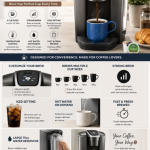 Keurig K-Elite single serve K-Cup coffee maker with brushed slate finish, iced coffee setting, strong brew option, and 75oz water reservoir.