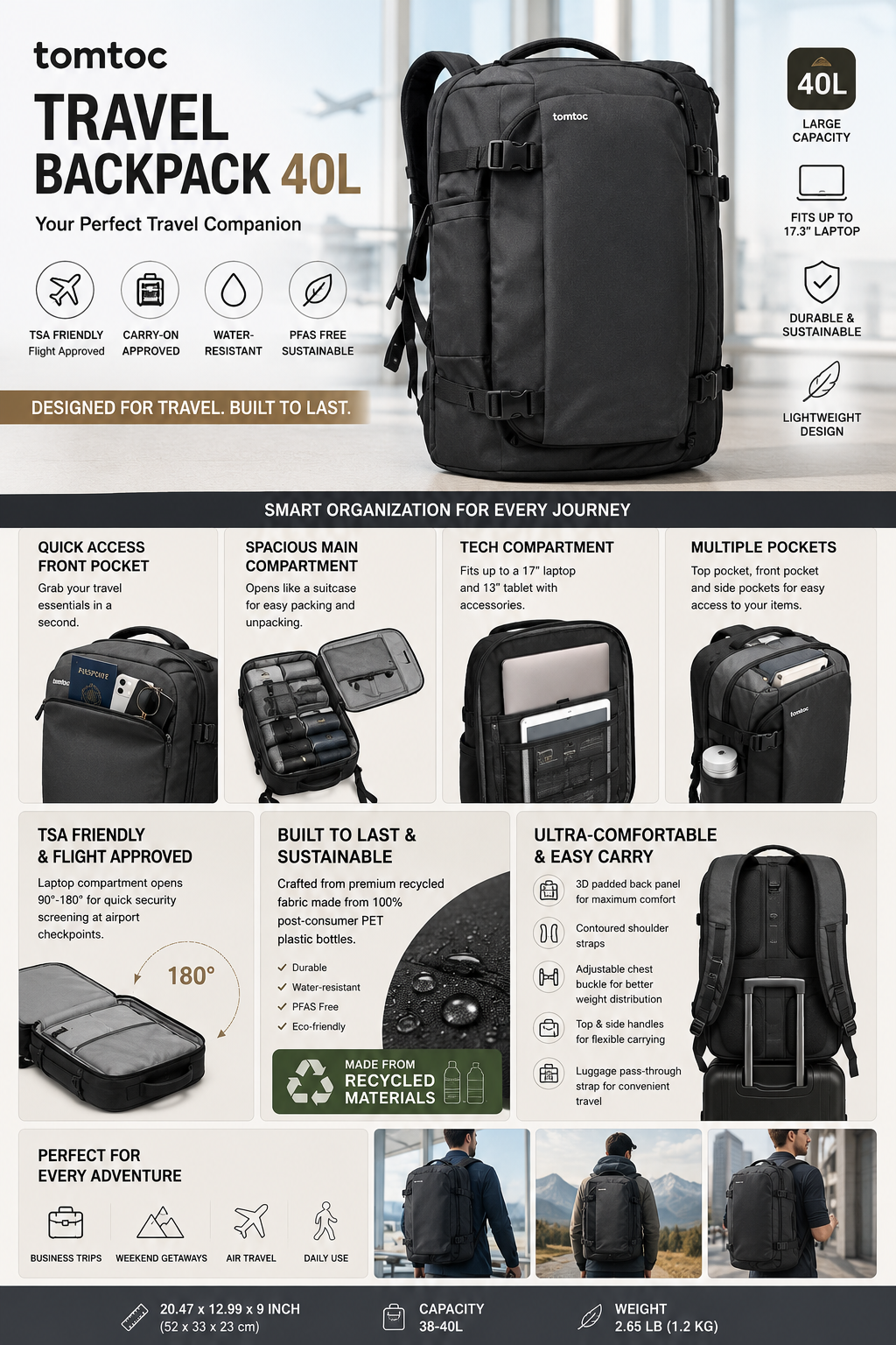 tomtoc Travel Backpack 40L Carry-On tomtoc 40L travel backpack with TSA-friendly laptop compartment, water-resistant material, and flight-approved carry-on design.