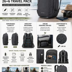 Lightweight expandable travel backpack designed for flights, business trips, weekend travel, and everyday commuting.