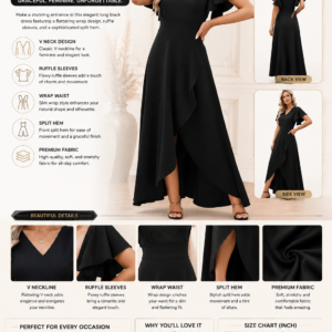 Elegant long black formal dress featuring a V-neck wrap waist, ruffle sleeves, and front split for weddings, cocktail parties, and evening events.