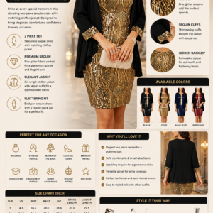 GRACE KARIN women's two-piece gold sequin knee-length dress with elegant black chiffon jacket for weddings, cocktail parties, and formal occasions.