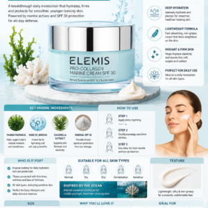 ELEMIS Pro-Collagen Marine Cream SPF 30 lightweight anti-wrinkle facial moisturizer with broad-spectrum sun protection for daily skincare.