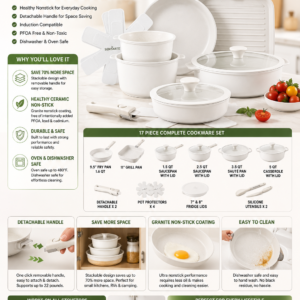 SENSARTE 17-piece nonstick cookware set with detachable handles, stackable pots and pans, induction-compatible design, and PFOA-free granite coating.