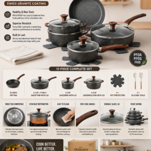 SENSARTE 13-piece Swiss granite nonstick cookware set with tempered glass lids, induction-compatible base, and stay-cool woodgrain handles.
