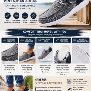 HEYDUDE Wally men's lightweight slip-on loafers with breathable mesh upper, removable foam insole, and flexible EVA outsole.