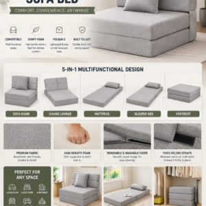Light gray folding sleeper chair sofa bed with memory foam cushion and pillow that converts into a guest bed, lounge chair, and floor mattress.