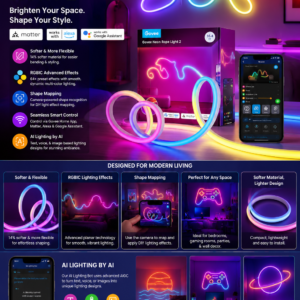 Govee RGBIC Neon Rope Light 2 smart LED strip lights with Matter support, Alexa compatibility, AI lighting effects, and customizable wall décor.