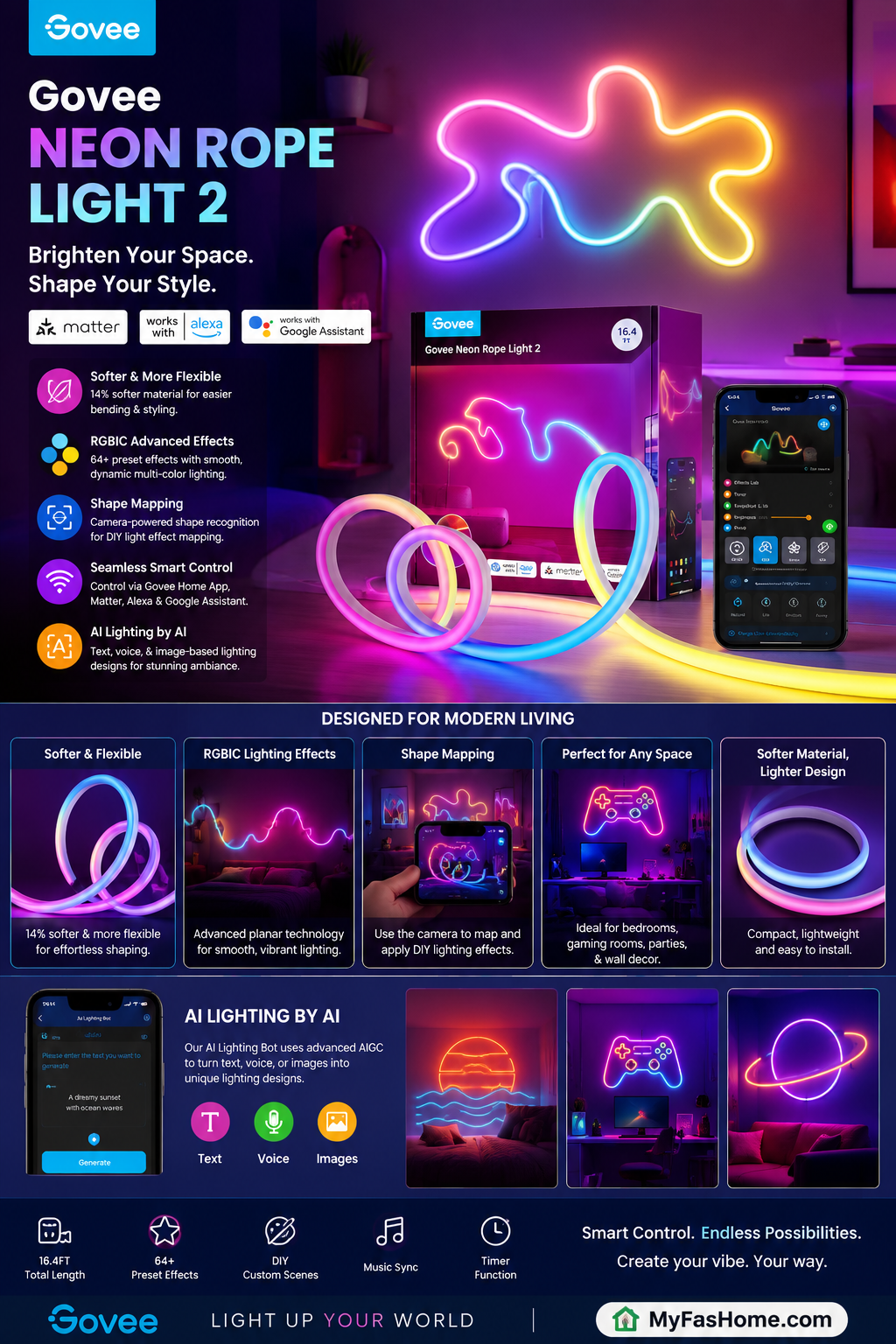 Govee RGBIC Neon Rope Light 2 Govee RGBIC Neon Rope Light 2 smart LED strip lights with Matter support, Alexa compatibility, AI lighting effects, and customizable wall décor.