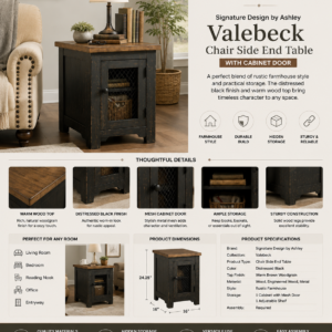 signature design by ashley valebeck rustic farmhouse chair side end table with cabinet door, distressed black
